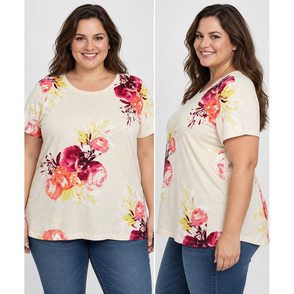 St Johns Bay Womens 2X Floral Short Sleeve Cotton T-Shirt Cream Pink Orange